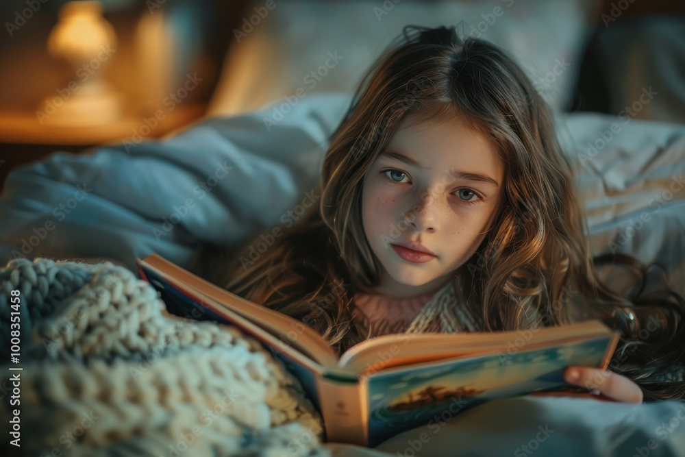 Child reading a book in bed, cozy atmosphere with warm lighting.