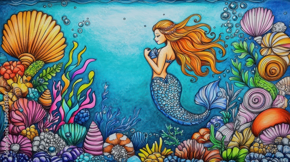 Obraz premium Colorful Mermaid with Sea Shells and Coral Illustration.