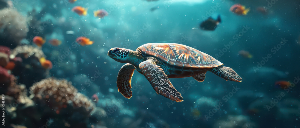 Sea turtle swimming gracefully through vibrant coral reef underwater. Sea turtle swimming gracefully through vibrant coral reef underwater.
