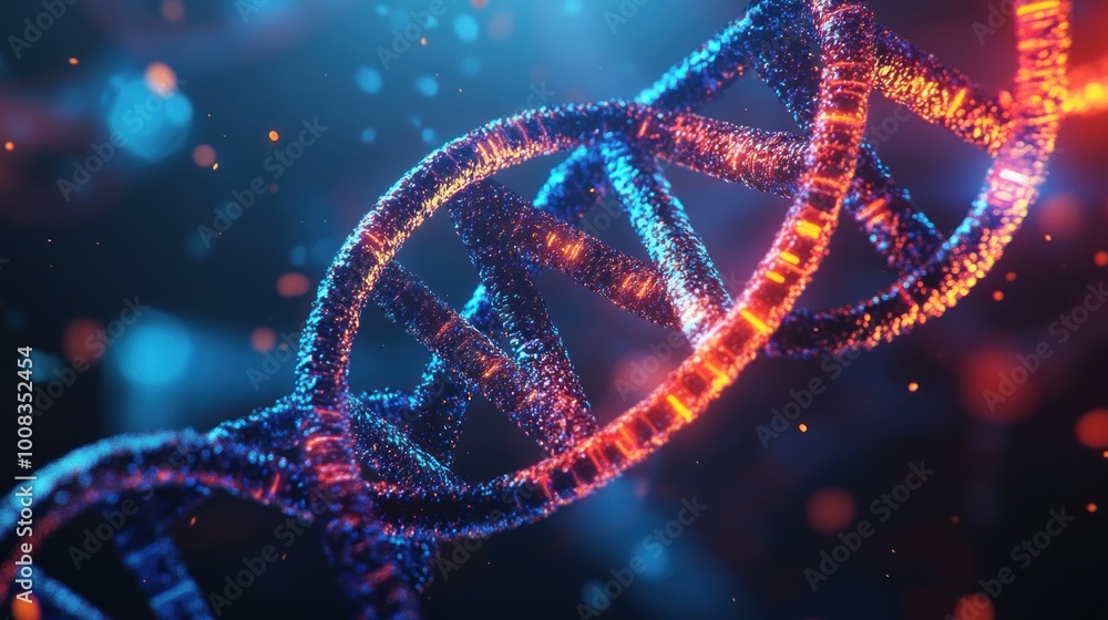 Abstract glowing blue and red DNA helix with a dark background and bokeh lights. Abstract glowing blue and red DNA helix with a dark background and bokeh lights.
