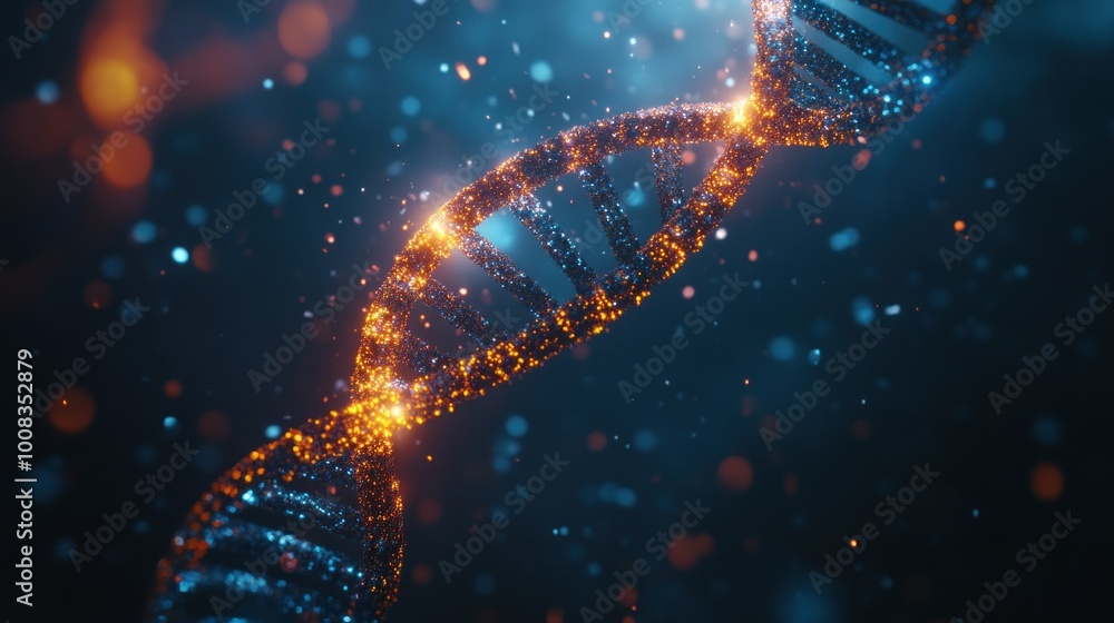 A glowing DNA helix strand with blurred lights in the background. A glowing DNA helix strand with blurred lights in the background.