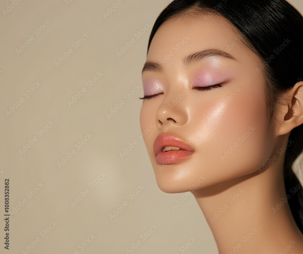an Asian woman's face with delicate skin, applying white cream to her cheek against a clean background an Asian woman's face with delicate skin, applying white cream to her cheek against a clean background