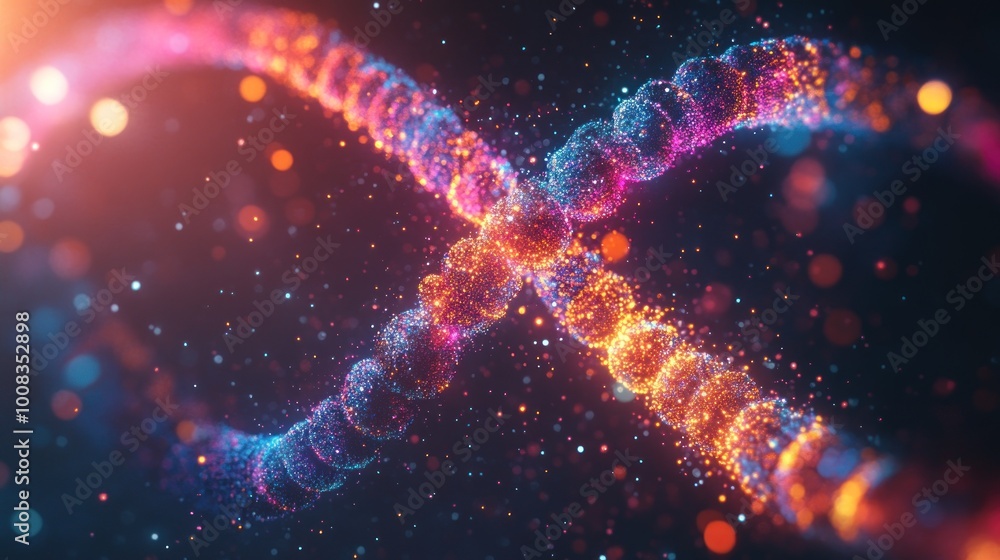 Abstract DNA helix with bright glowing particles and bokeh effect. Abstract DNA helix with bright glowing particles and bokeh effect.