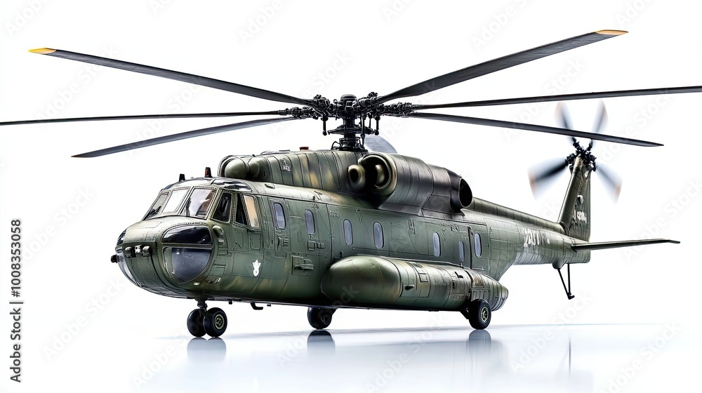 Military Helicopter with Rotating Blades and a Green Camouflage Pattern Military Helicopter with Rotating Blades and a Green Camouflage Pattern