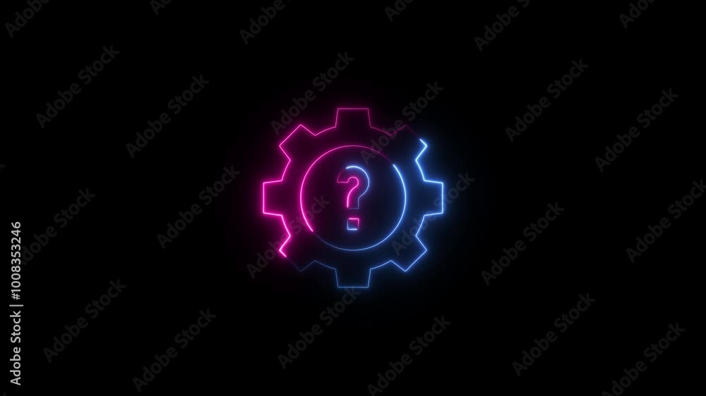 Neon Glowing Question Marks Icon in gear icon Neon Glowing Question Marks Icon in gear icon