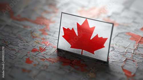 Canadian flag on a geographical map.