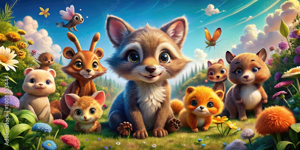 Naklejka premium Adorable Cartoon Animals and Characters in Fun Settings for Kids' Books and Creative Projects
