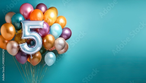 Banner with number 5 colorful balloons with copy space