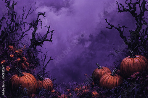Spooky Halloween Night with Glowing Pumpkins and Full Moon in Dark Forest