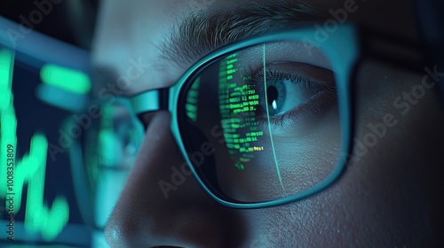 Wallpaper Mural High-Resolution Image of Man's Eyes and Glasses with Stock Market Charts Reflected, Dark Background with Copy Space Torontodigital.ca