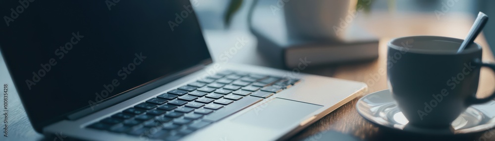 Workspace setup with a laptop and coffee cup on a wooden desk, inviting productivity and creativity. Workspace setup with a laptop and coffee cup on a wooden desk, inviting productivity and creativity.
