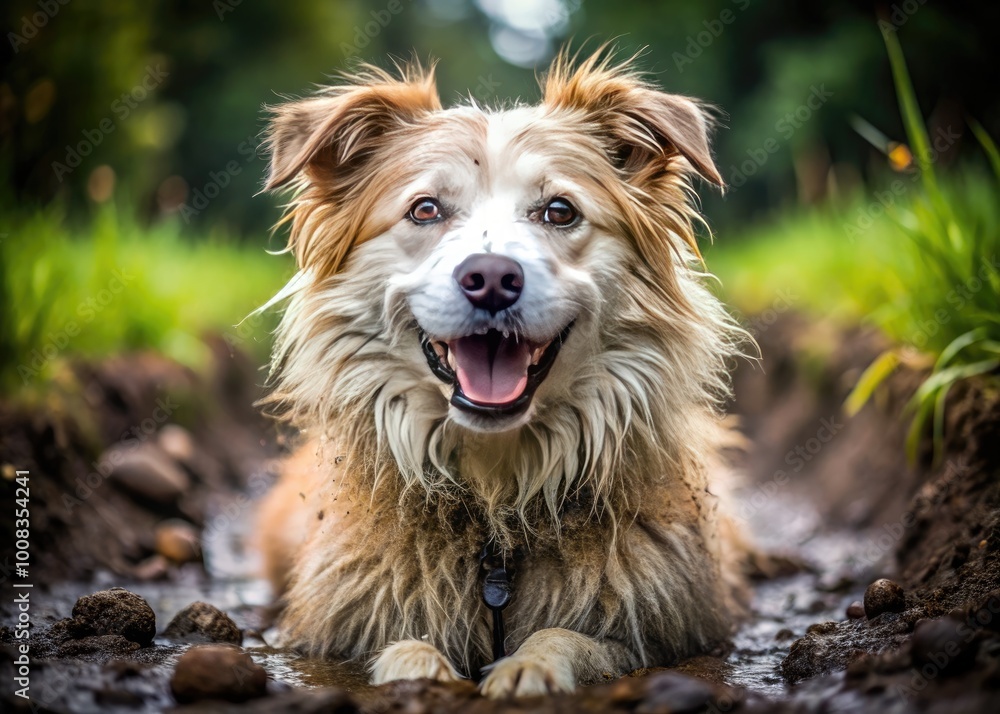 Adorable Dirty Dog Playing in the Mud with a Happy Expression and Fluffy Fur in Natural Setting Adorable Dirty Dog Playing in the Mud with a Happy Expression and Fluffy Fur in Natural Setting