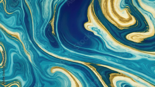 Green and gold marble abstract background texture. Indigo ocean blue marbling natural luxury style