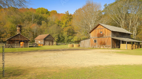 Autumn farm with pumpkins,hay bales and fall decorations,rustic atmosphere of harvest season,open space