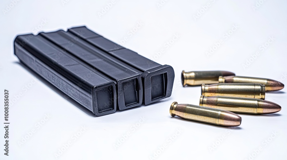 Three Black Magazines and Four Spent Bullet Casings on a White Background Three Black Magazines and Four Spent Bullet Casings on a White Background