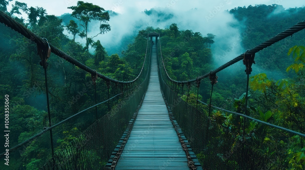 Obraz premium A lone wooden walkway crosses a misty jungle ravine with a suspension bridge and a person walking toward the viewer.