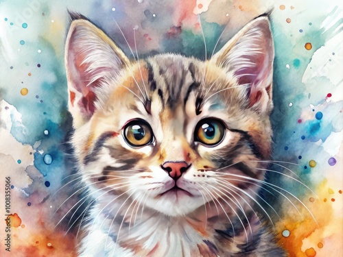 Adorable Kitten in Soft Watercolor Style with Bright Colors and Playful Expressions in Art Form