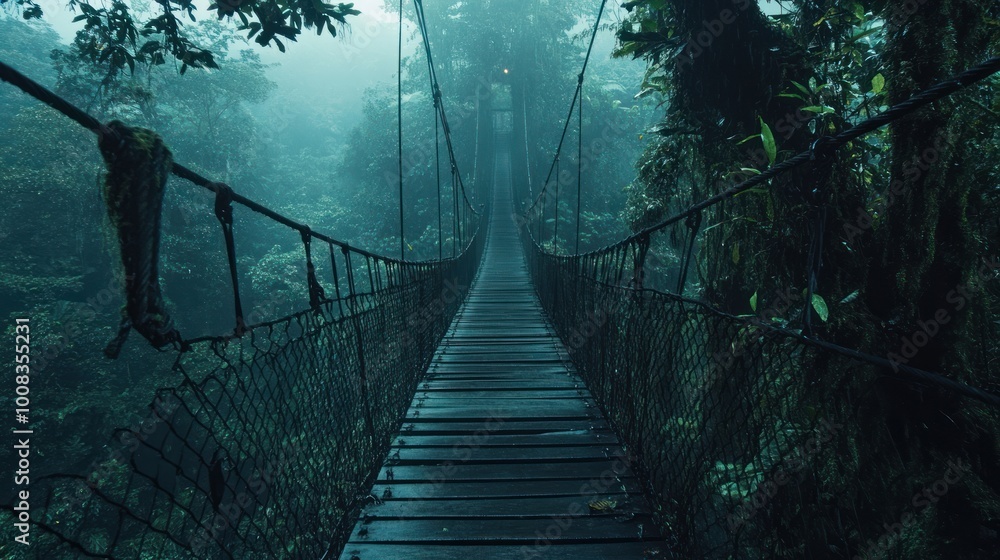 Obraz premium A wooden bridge with metal cables leading into a misty jungle, viewed from the middle of the bridge, with green trees on both sides and a distant, faint light.