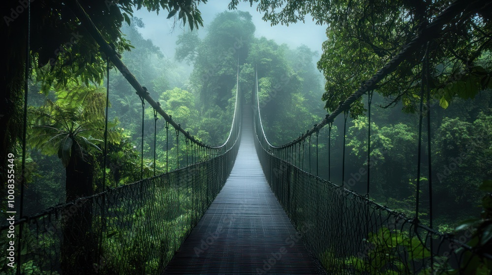 Fototapeta premium A suspension bridge stretches through a lush, misty jungle, creating an ethereal and mysterious atmosphere.