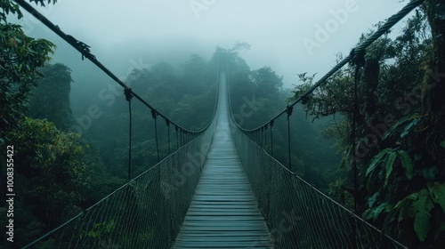 A wooden bridge over a foggy jungle with lush green foliage on either side.