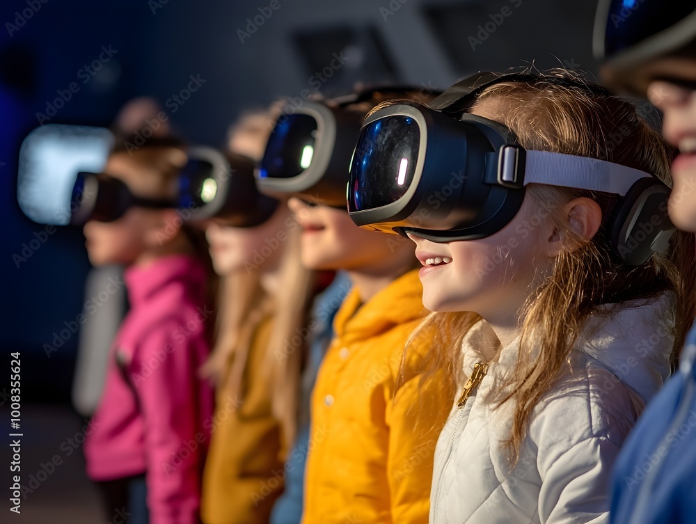 Group of children experiencing immersive virtual reality technology at exhibition Group of children experiencing immersive virtual reality technology at exhibition