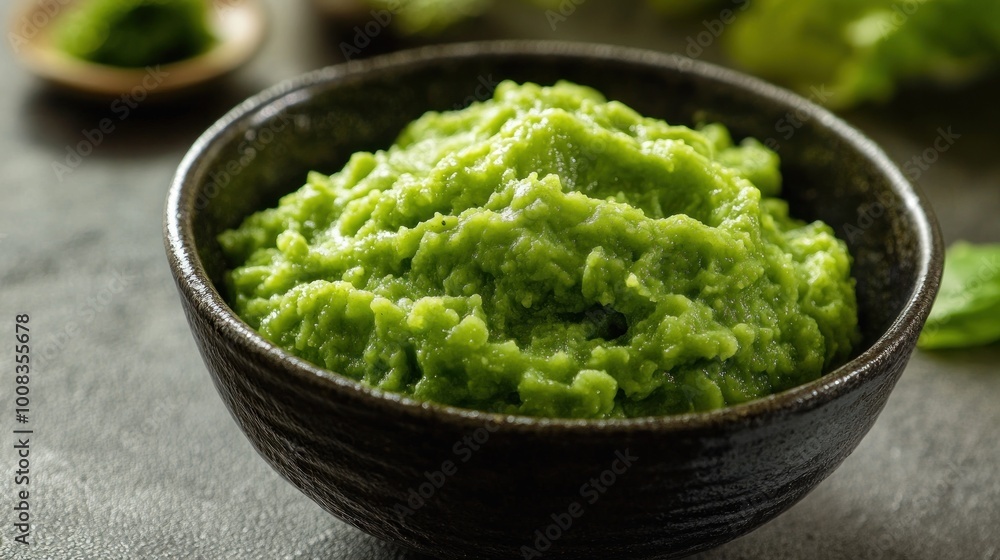 Close-up of a bowl of green wasabi paste. Close-up of a bowl of green wasabi paste.