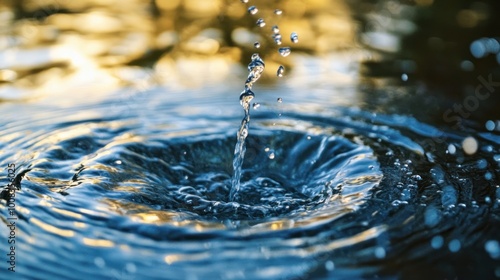 A single drop of water falling into a still pond, creating ripples and a splash.