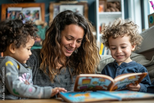 Mother Reading Storybook to Children at Home, Family Bonding and Early Childhood Education