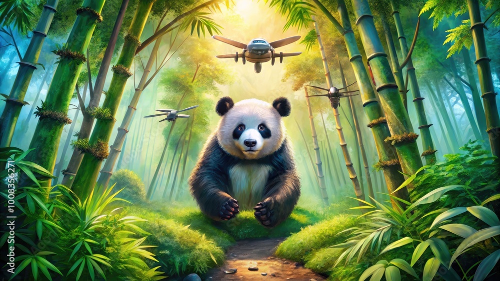 Obraz premium Adorable Watercolor Panda Illustration Surrounded by Bamboo and Vibrant Nature Elements in Art Style