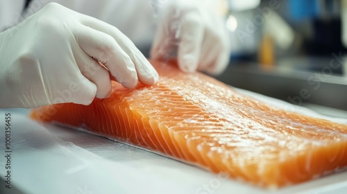 Fresh Salmon Filet Prepared by Chef in Gloves photo