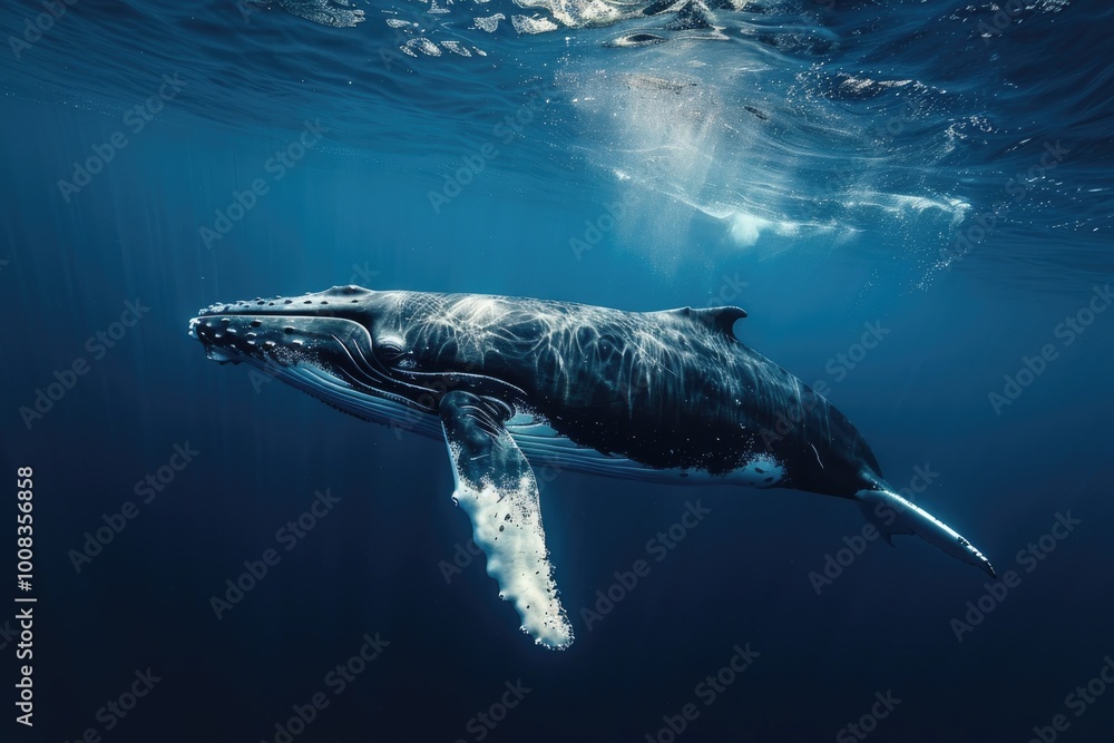 Fototapeta premium Humpback Whale Underwater in Majestic Ocean Depths with Sunlight Rays