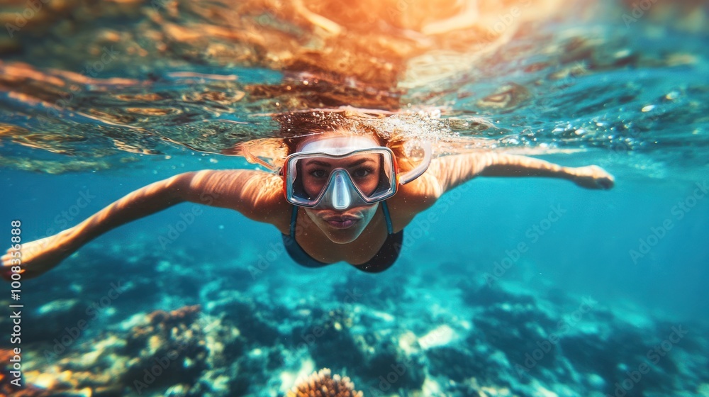 Naklejka premium Underwater view of a woman with a snorkel and mask swimming in the sea.