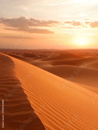 A scenic view of a desert landscape with sand dunes at sunset.