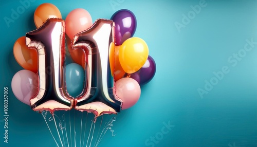 Banner with number 11 colorful balloons with copy space