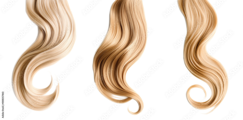 Curly blonde hair isolated on white background. Beautiful healthy long blond hair lock, haircut, hairstyle. Dyed hair or coloring, hair extension, cure, treatment concept. Curly blonde hair isolated on white background. Beautiful healthy long blond hair lock, haircut, hairstyle. Dyed hair or coloring, hair extension, cure, treatment concept.