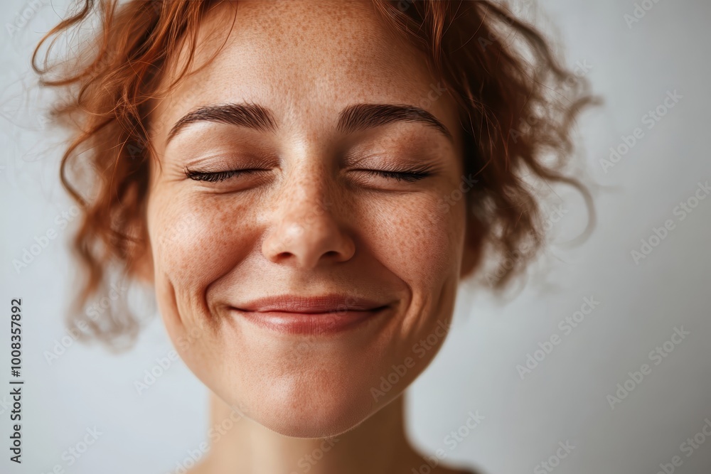 Smiling redhead woman with freckles feeling content Smiling redhead woman with freckles feeling content
