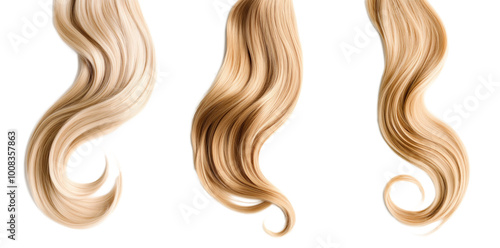 Curly blonde hair isolated on white background. Beautiful healthy long blond hair lock, haircut, hairstyle. Dyed hair or coloring, hair extension, cure, treatment concept.