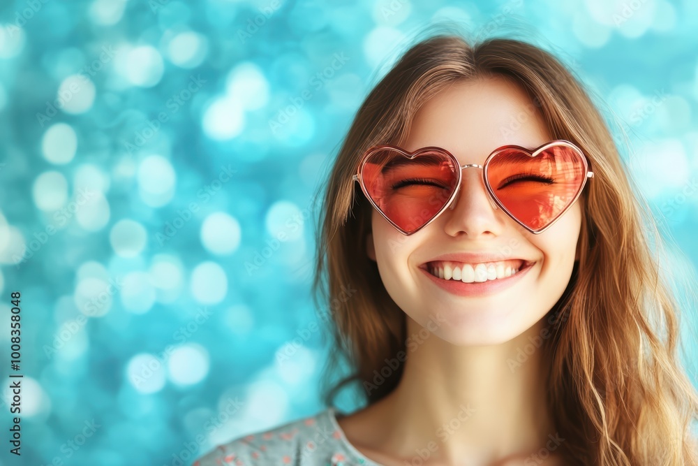 Smiling young woman with heart-shaped sunglasses blue bokeh background Smiling young woman with heart-shaped sunglasses blue bokeh background
