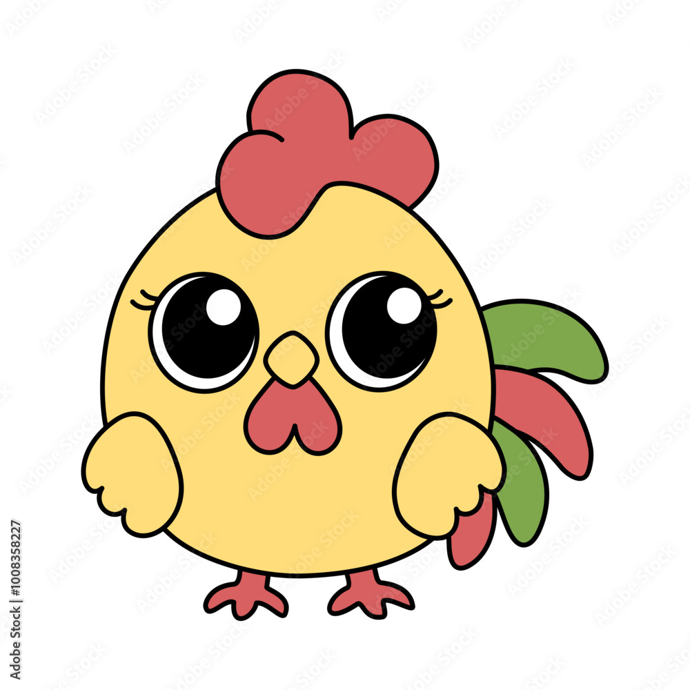 Obraz premium Zodiac Chinese rooster animal of New Year sign icon. Asian kawaii cute style isolated illustration of mascot chick. Adorable yellow chicken with big eyes stay and smiling on the white background.