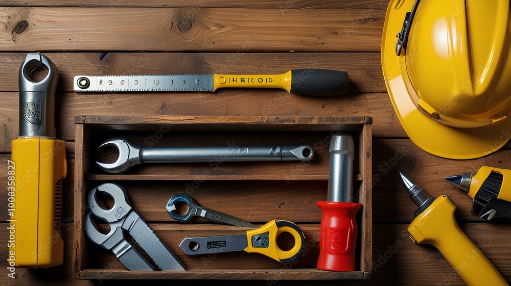 A top view of a toolbox with various tools and a yellow safety helmet on a wooden surface, perfect for construction themes. A top view of a toolbox with various tools and a yellow safety helmet on a wooden surface, perfect for construction themes.
