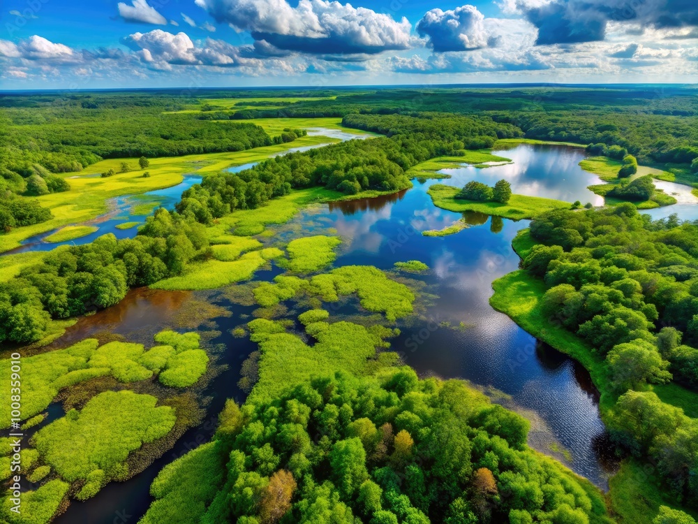 Fototapeta premium Aerial View of Lush Green Swamp with Water and Vegetation in a Vibrant Natural Landscape