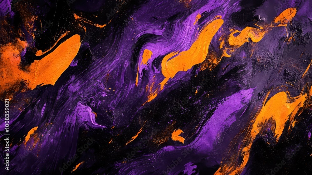 Bold strokes of glowing purple and orange, layered over a smoky black background, creating a vibrant, chaotic Halloween atmosphere. Bold strokes of glowing purple and orange, layered over a smoky black background, creating a vibrant, chaotic Halloween atmosphere.