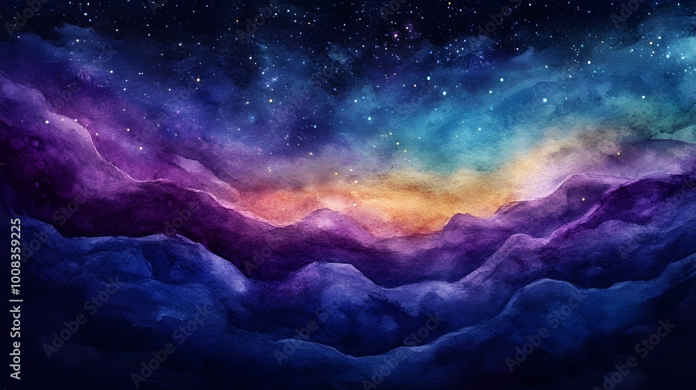 Fototapeta premium Mesmerizing Starry Night Landscape with Glowing Aurora and Dramatic Mountainscape