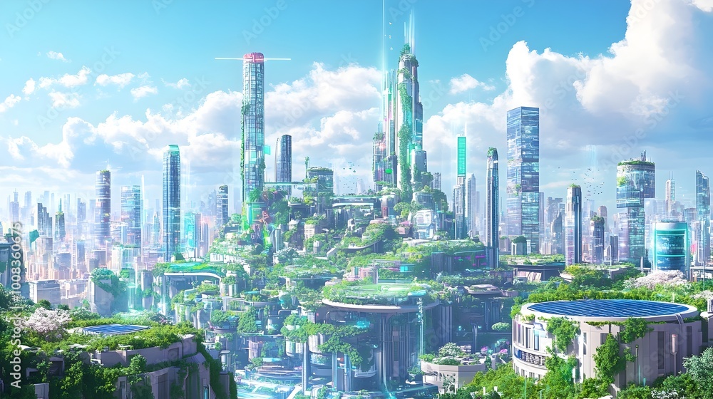 Fototapeta premium Futuristic Cityscape with Towering Skyscrapers and Advanced Architecture