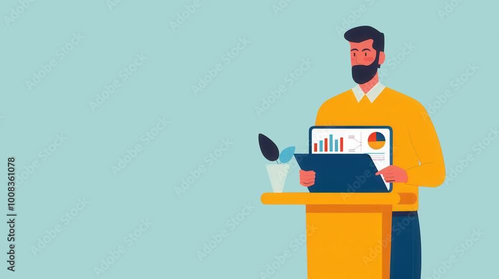 Engaging speaker at a podium, utilizing a tablet to present dynamic infographics on a large screen, captivating audience with insightful digital content Engaging speaker at a podium, utilizing a tablet to present dynamic infographics on a large screen, captivating audience with insightful digital content