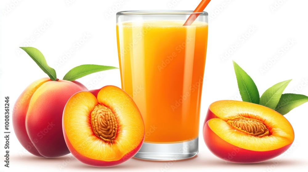 Fresh peach juice with ripe peaches on white background Fresh peach juice with ripe peaches on white background