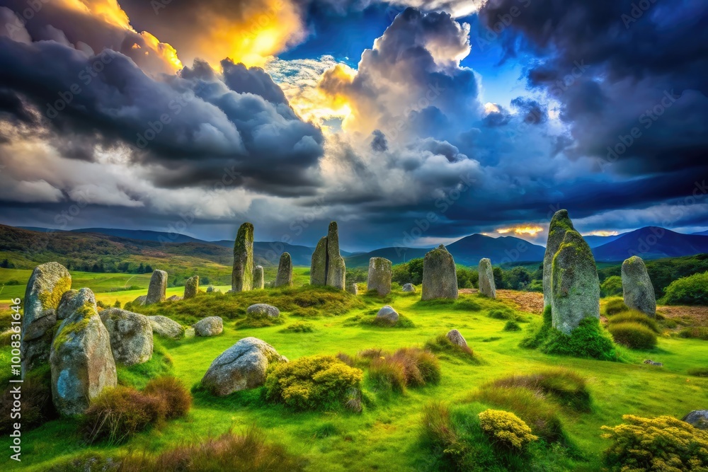 Fototapeta premium Ancient Scottish Stones Surrounded by Lush Greenery Under a Dramatic Cloudy Sky in Scotland