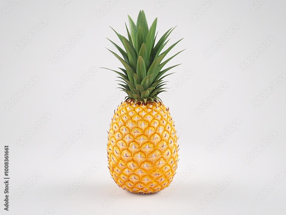 A fresh ripe pineapple with green leaves on a white background, showcasing its tropical, sweet, and juicy characteristics A fresh ripe pineapple with green leaves on a white background, showcasing its tropical, sweet, and juicy characteristics