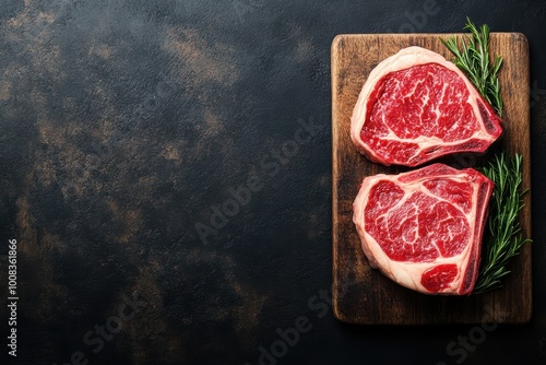 Succulent raw ribeye steaks on wooden board with herbs