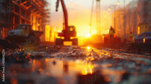 Construction site at sunset with heavy machinery and reflective puddles. photo